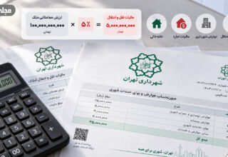 اینفوگرافیک عوارض شهرداری و مالیات نقل‌ و انتقال ملک با ماشین‌حساب، برگه‌های شهرداری تهران و فرمول محاسبه مالیات ملک