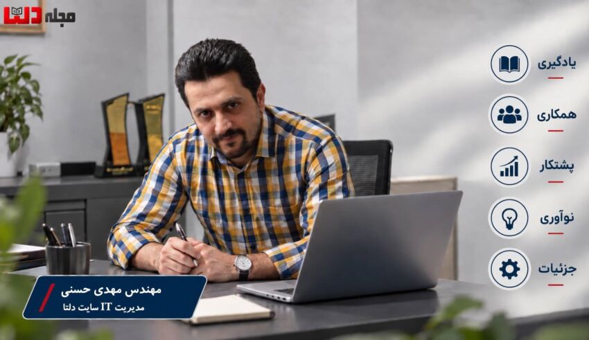 تصویر مهندس مهدی حسنی، مدیر IT سایت دلتا، پشت میز کار با لپ‌تاپ و نمادهای یادگیری، همکاری، پشتکار، نوآوری و توجه به جزئیات.