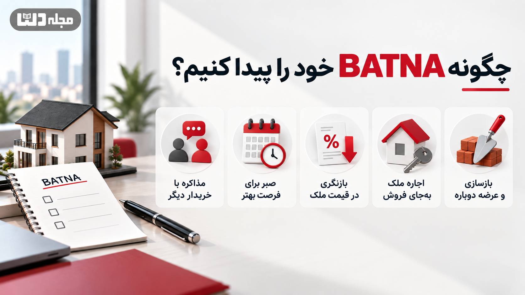 اینفوگرافیک پیدا کردن BATNA در مذاکره ملکی؛ نمایش گزینههای جایگزین شامل مذاکره با خریدار دیگر، صبر برای فرصت بهتر، بازنگری در قیمت ملک، اجاره بهجای فروش و بازسازی برای عرضه دوباره.