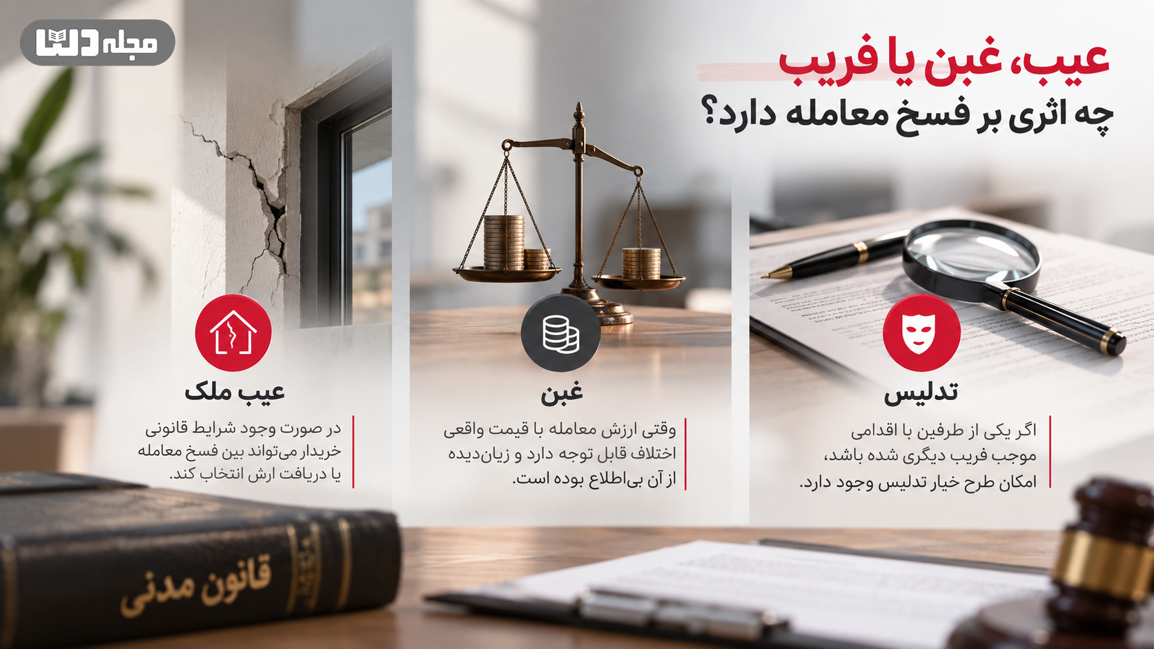 اینفوگرافیک عیب، غبن و تدلیس و تأثیر آنها بر فسخ معامله ملکی
