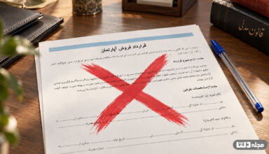 فسخ معامله بعد از انتقال سند در قرارداد فروش آپارتمان؛ تصویر قرارداد ملکی با علامت ضربدر قرمز و مفهوم حق فسخ