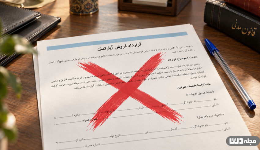 فسخ معامله بعد از انتقال سند در قرارداد فروش آپارتمان؛ تصویر قرارداد ملکی با علامت ضربدر قرمز و مفهوم حق فسخ