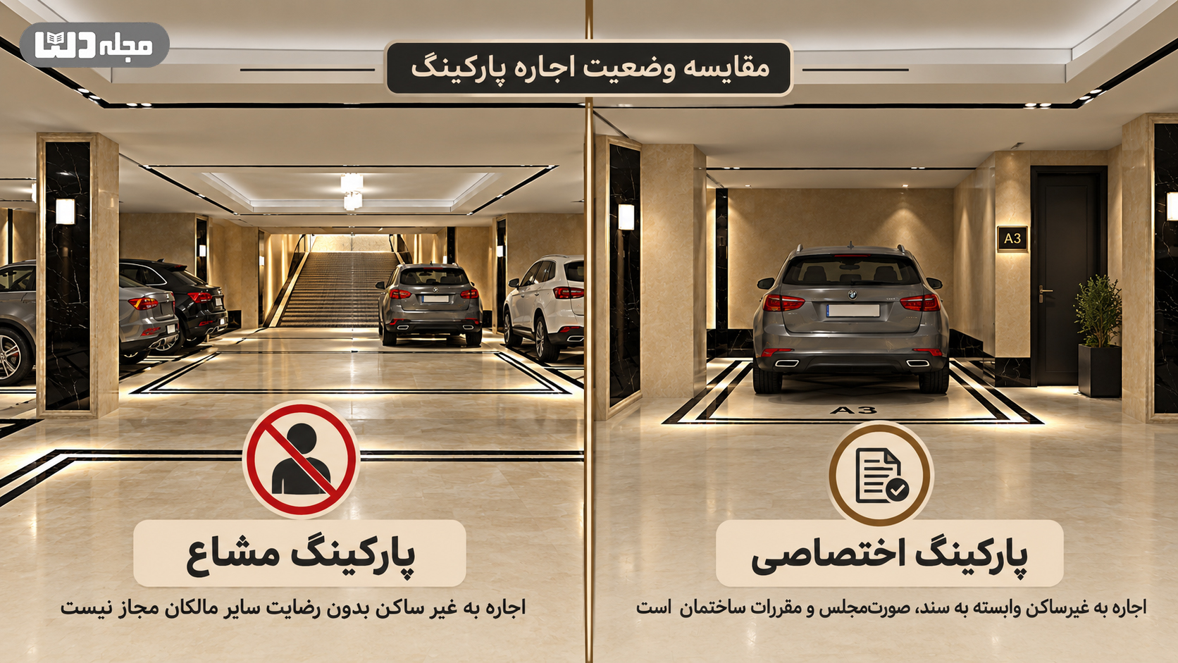 این تصویر به‌صورت مقایسه‌ای تفاوت وضعیت اجاره پارکینگ در آپارتمان را نشان می‌دهد؛ در سمت چپ پارکینگ مشاع قرار دارد که اجاره آن به فرد غیرساکن بدون رضایت سایر مالکان مجاز نیست و در سمت راست پارکینگ اختصاصی دیده می‌شود که اجاره آن به سند، صورت‌مجلس و مقررات ساختمان وابسته است.