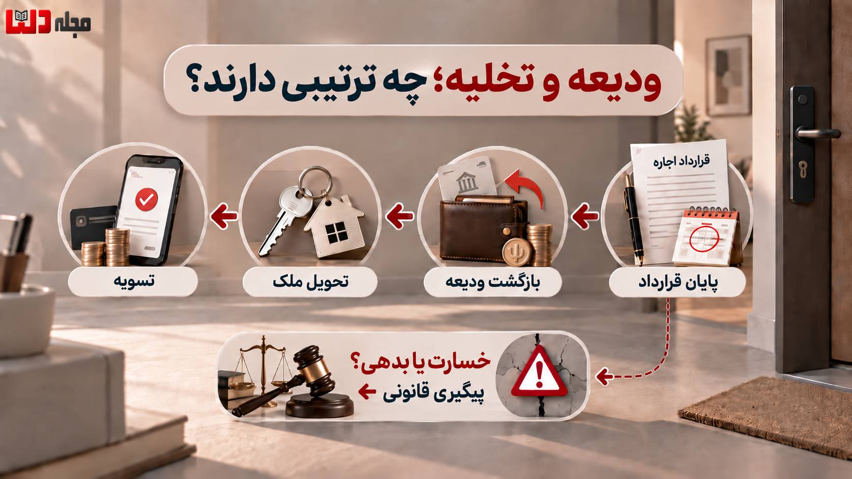 اینفوگرافی ترتیب پایان قرارداد اجاره؛ از پایان قرارداد و بازگشت ودیعه تا تحویل ملک و تسویه، همراه با مسیر پیگیری قانونی در صورت خسارت یا بدهی.