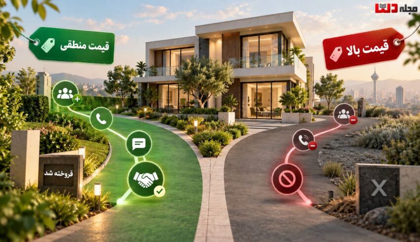 تصویر مفهومی مقایسه مسیر فروش ملک با قیمت منطقی و قیمت بالا؛ ویلای مدرن با دو مسیر جداگانه که یکی به فروش موفق و دیگری به کاهش تماس و شکست در فروش منتهی می‌شود.