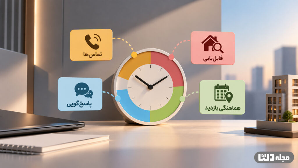 برنامه روزانه مشاور املاک با زمانبندی تماسها، فایلیابی، پاسخگویی به مشتری و هماهنگی بازدید